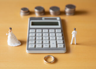 The Retirement Asset Most Divorcing Couples Undervalue Couple in troubles in connection with divorce, marriage and family. Retirement Asset. Concept of couple's money troubles with calculator and ring.