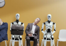 AI Job Disruption is Moving From Forecasts to Hiring Plans Tired exhausted applicants and android AI robot waiting for the job interview. AI Job Disruption concept