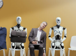 AI Job Disruption is Moving From Forecasts to Hiring Plans Tired exhausted applicants and android AI robot waiting for the job interview. AI Job Disruption concept