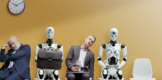 AI Job Disruption is Moving From Forecasts to Hiring Plans Tired exhausted applicants and android AI robot waiting for the job interview. AI Job Disruption concept