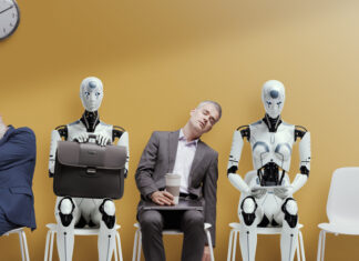 AI Job Disruption is Moving From Forecasts to Hiring Plans Tired exhausted applicants and android AI robot waiting for the job interview. AI Job Disruption concept
