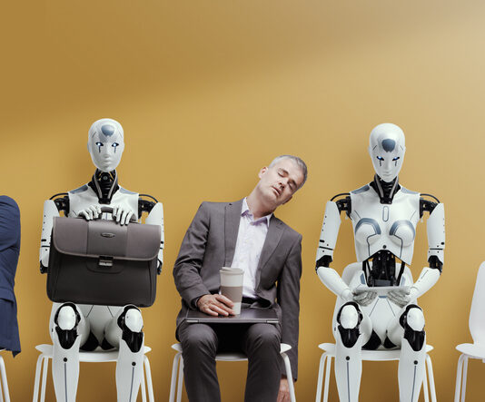Tired exhausted applicants and android AI robot waiting for the job interview. AI Job Disruption concept