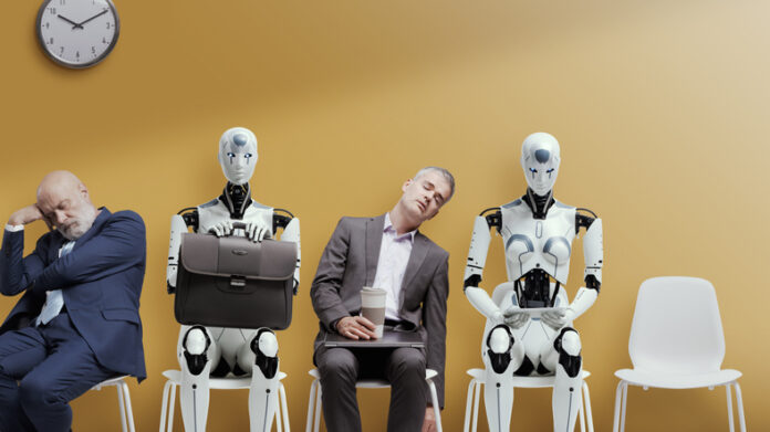 Tired exhausted applicants and android AI robot waiting for the job interview. AI Job Disruption concept