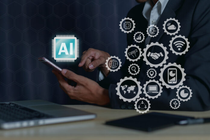 Business people are using AI technology, artificial intelligence, planning strategies. and business development Using a mobile smartphone on a global network. AI Adoption Business Transformation