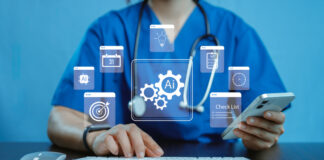 Agentic AI Will Test Every Healthcare Workflow Medical professional using laptop with AI icons, checklist and healthcare technology interface, symbolizing artificial intelligence in medicine, smart data management, digital healthcare innovation.