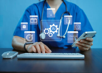 Agentic AI Will Test Every Healthcare Workflow Medical professional using laptop with AI icons, checklist and healthcare technology interface, symbolizing artificial intelligence in medicine, smart data management, digital healthcare innovation.