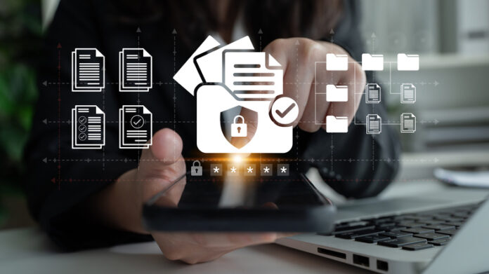Secure Document Management Concept with Digital Lock and Laptop, Focus on Data Protection and Privacy in Business Environment Ledger trusting files security