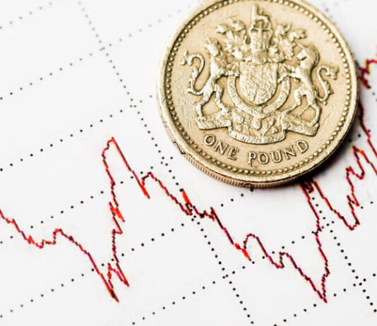The British Growth Model: Political Economy, Governance, and Stagnation UK GDP. One pound coin on fluctuating graph.