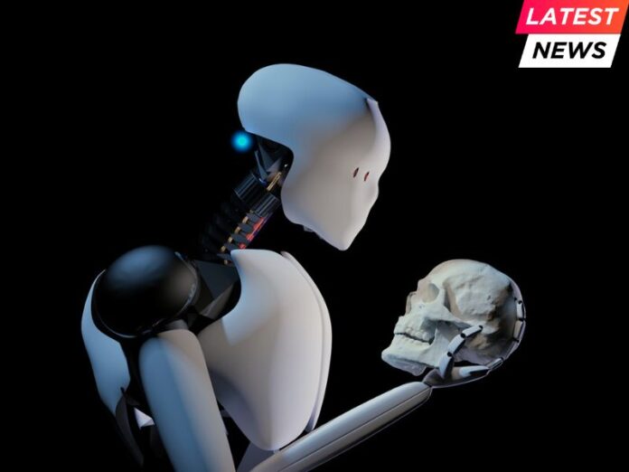 AI robot holding a human scull