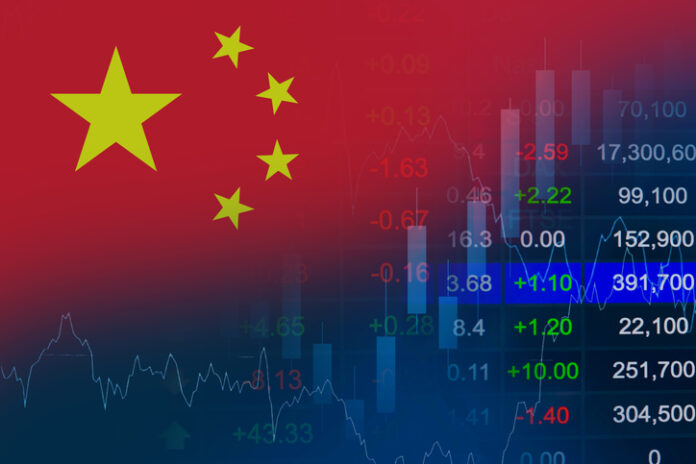 China flag Stock market finance business, economy trend graph digital technology. China economic growth