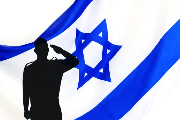 Israeli soldier, silhouette salutes the Israel Flag. IDF army, white background Israeli soldier, silhouette salutes the Israel Flag. IDF army, Israeli Leader